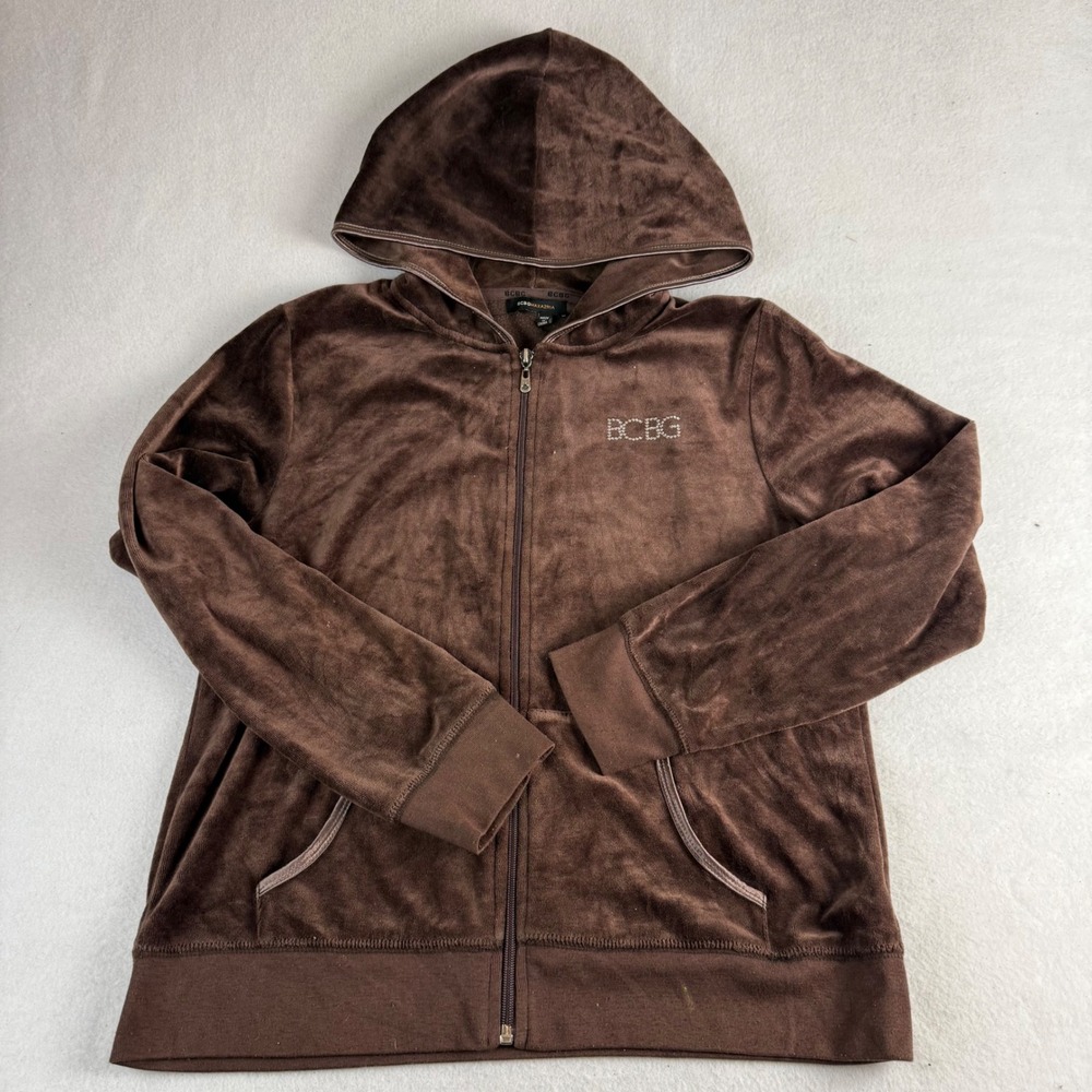 BCBG Max Azria Womens Brown Velour Rhinestone Logo Zip Up Hoodie BCRVD4112RJ‎